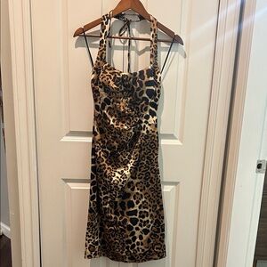 Cache Leopard Print Halter Dress Size 10 Satin Animal Print Cocktail